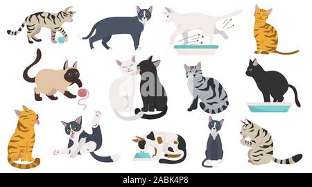 Cartoon cat characters collection. Different cat`s poses, yoga and emotions set. Flat color simple style design. Vector illustration Stock Vector